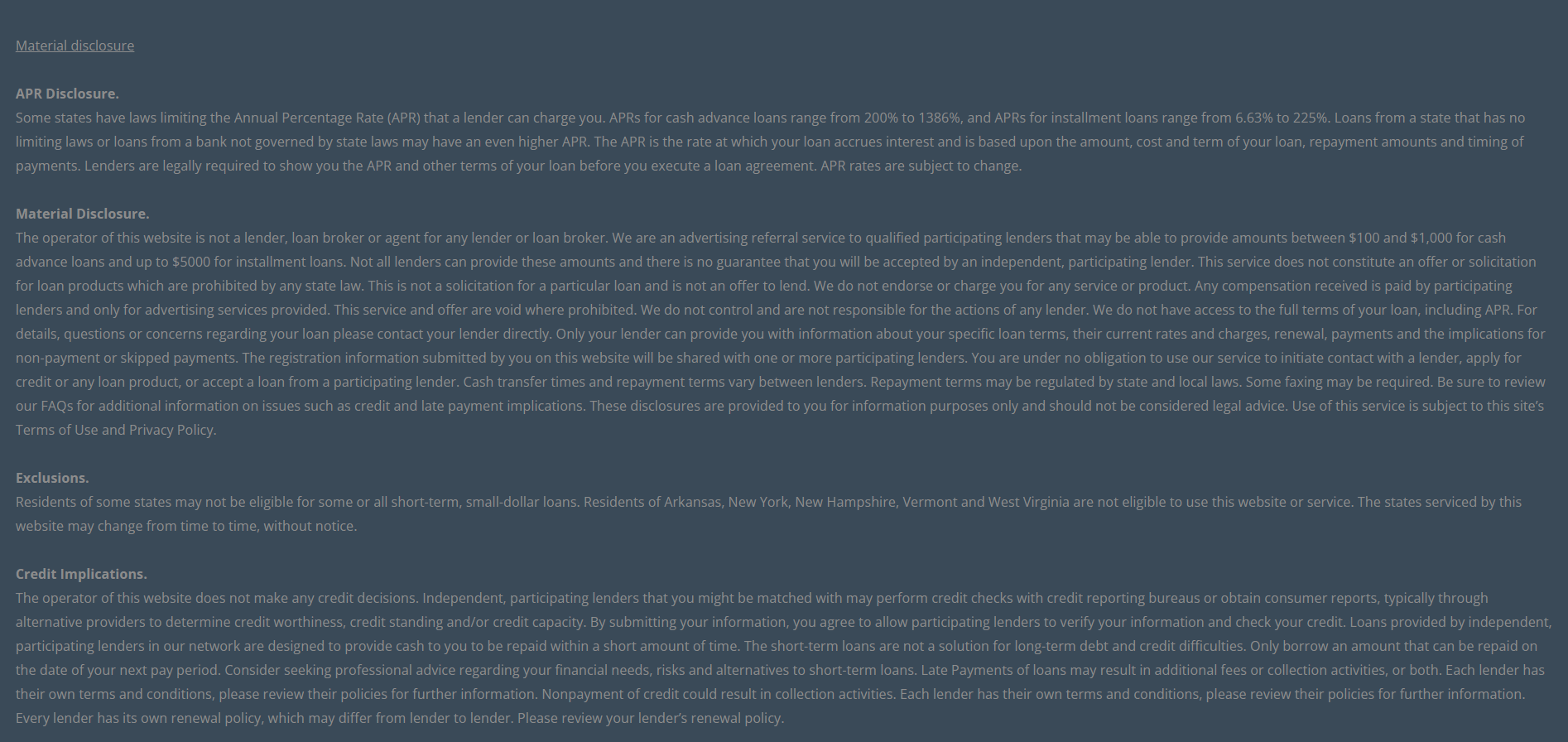 Material disclosure for payday loans in Mobile Alabama